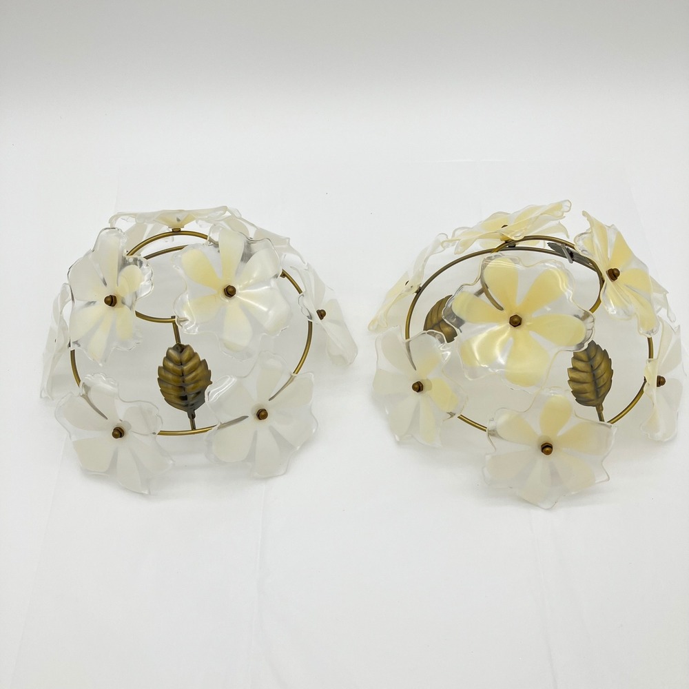 Vintage Pair Murano Style 8" Acrylic Flower Lamp Shades Cream Brass Tone
